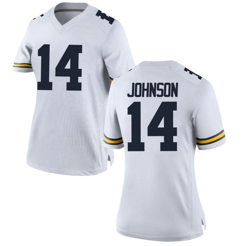 Quinten Johnson Michigan Wolverines Women's NCAA #14 White Game Brand Jordan College Stitched Football Jersey FAG5054BX